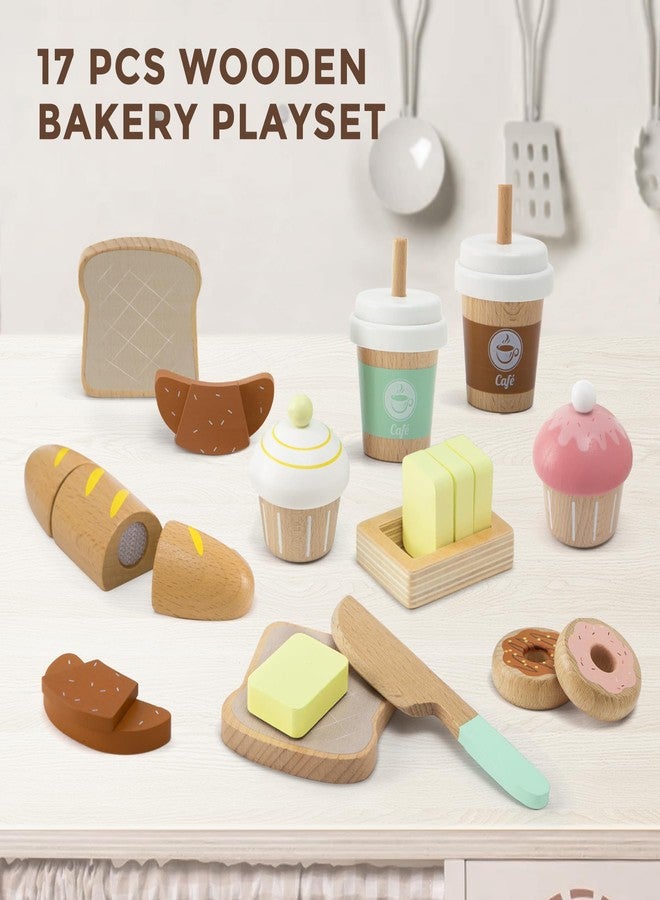 Frogprin 17 PCS Wooden Bakery Toy Food Playset for Kids, Pretend Picnic Play Food for Toddlers 3+, Play Kitchen Accessories with Shopping Bag, Cutting Food Toys, Gift for Girls Boys and Girls - Image 2